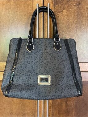 GUESS Grey and Black Logo Monogram Tote with Patent Trim